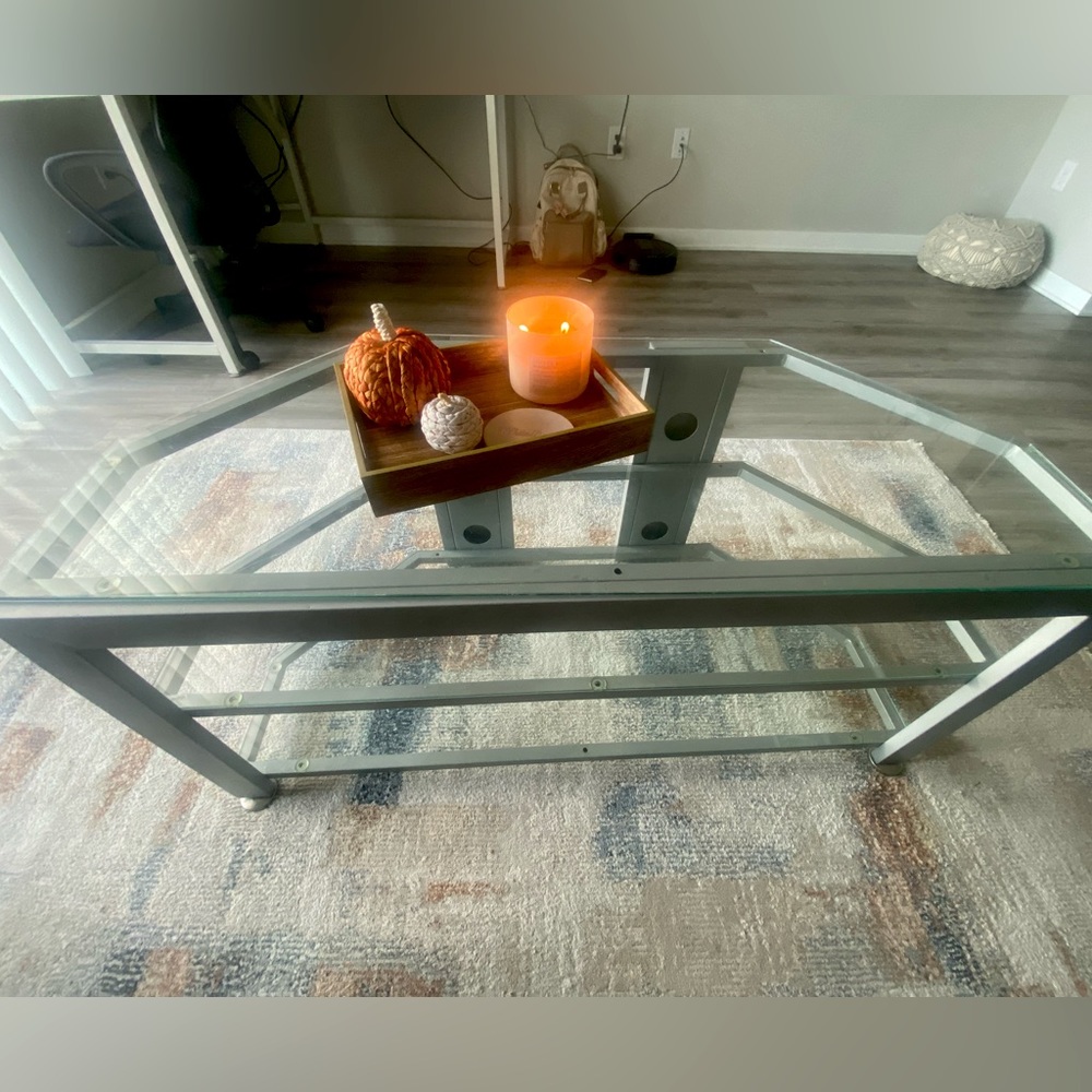 Grey, three shelves glass tv stand